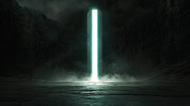 Glowing portal in a dark, rocky landscape.