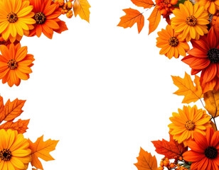 Obraz premium Autumn frame border with orange fall flowers, maple leaves and berries on white background with copy space for seasonal design