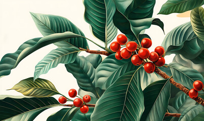 Realistic and artistic illustrations of coffee beans, brewing equipment, coffee cups, baristas, coffee farms, roasting processes, and café scenes