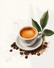 Realistic and artistic illustrations of coffee beans, brewing equipment, coffee cups, baristas, coffee farms, roasting processes, and café scenes