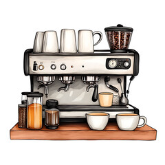 Realistic and artistic illustrations of coffee beans, brewing equipment, coffee cups, baristas, coffee farms, roasting processes, and café scenes