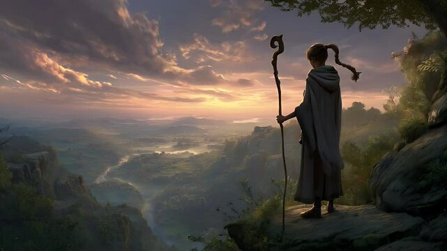 Elf mage stands at dawn on a cliffside.