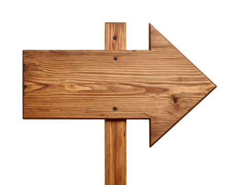 A natural wooden arrow-shaped sign, featuring visible grain and two screws, is attached to a vertical post and points to the right, isolated on a transparent background for versatile design use.