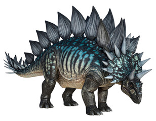 Obraz premium Detailed 3D rendered Stegosaurus dinosaur with distinctive back plates and spikes in realistic coloring on transparent background, perfect for educational and prehistoric themed designs.