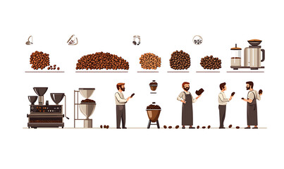 Realistic and artistic illustrations of coffee beans, brewing equipment, coffee cups, baristas, coffee farms, roasting processes, and café scenes