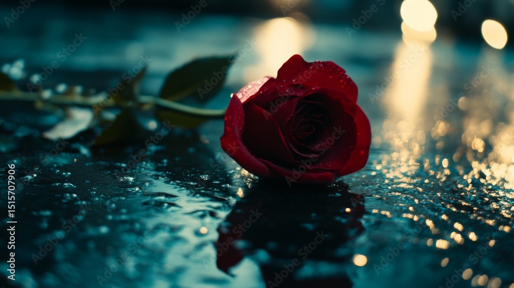 Aufkleber a red rose lying on a wet glass surface with water droplets reflecting light, creating a dramatic an