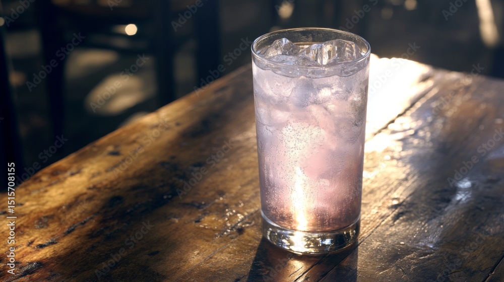 Poster A refreshing shot of a cold soda with ice cubes, the liquid fizzing and sparkling, placed on a rustic wooden table with soft, diffused lighting