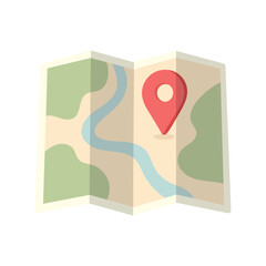 Folded paper map with red location pin icon, map illustration in flat style representing navigation, map usage ideal for travel, exploration, and outdoor planning visuals.
