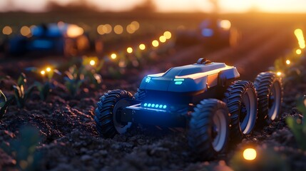 Automated agricultural vehicle traversing a field at dusk.