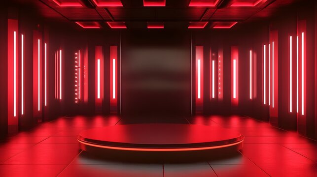 Red neon lights illuminate a futuristic presentation stage.