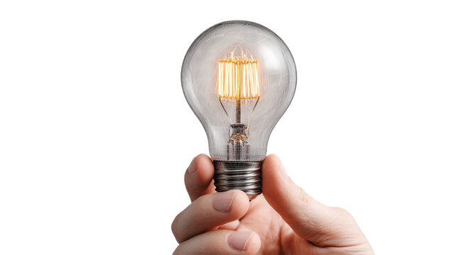 Hand holding a glowing vintage edison light bulb against a idea warm idea on transparent background