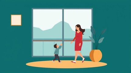A cartoon woman in red dress walks towards a child with open arms, inside a home with a window