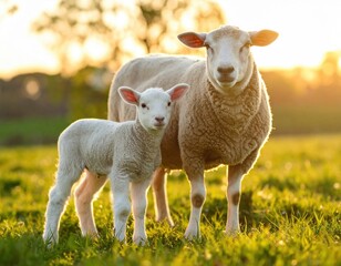 Adorable sheep mother and newborn lamb standing together in sunny green pasture with warm golden sunset lighting.