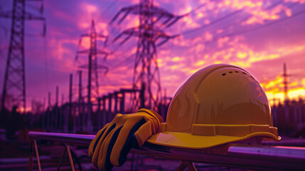 Obraz premium Yellow hard hat and gloves resting on railing with power lines at colorful sunset