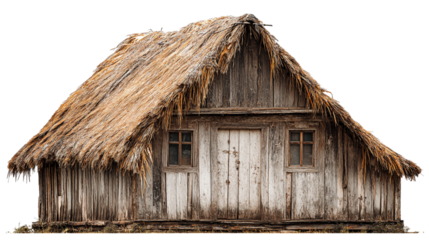 Rustic old wooden house with thatched roof in nature hut home aged gray on transparent background