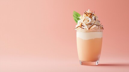 Whipped cream topped drink garnished with green leaf perfect for refreshing beverages and relaxation moments