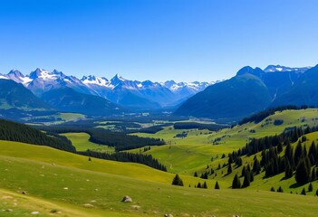 Majestic mountain range, serene valley, lush green meadows, clear blue sky,  environment,  clouds