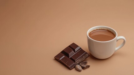 Warm cup of coffee accompanied by a rich chocolate bar perfectly placed for a cozy moment of enjoyment and relaxation