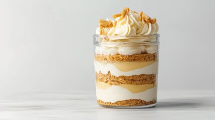 A charming dessert served in a jar showcasing layers of cream, fruit, and toppings for an artful sweet experience