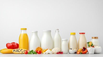 A colorful display of various dairy products including milk, cheese, yogurt and butter on a wooden surface