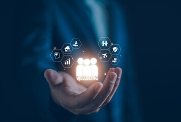Employee wellbeing concept, Creating benefits and satisfaction program, Fostering a positive work...