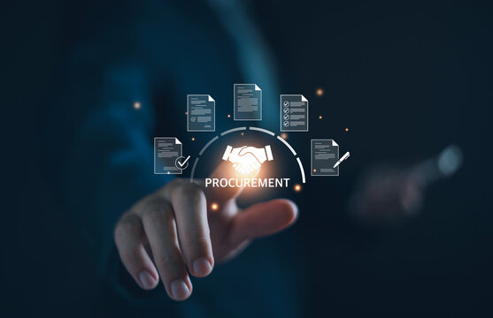Businessman manage digital procurement process with business contract, invoice, approval documents, representing B2B sourcing, vendor management, supply chain.