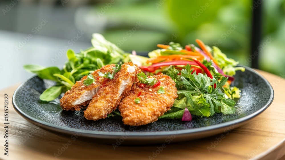 Poster A serene view of crispy fried chicken paired with a refreshing salad, creating a balance between indulgence and health in a beautifully arranged meal.