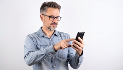 A focused man using a modern smartphone. He is wearing glasses and a casual shirt, his expression showing concentration as he interacts with the device