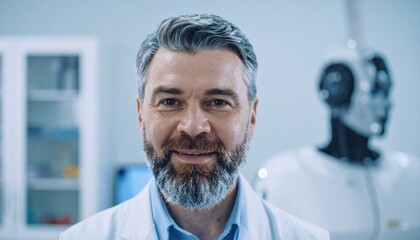 Obraz premium A scientist in a white coat poses in front of a robot in a lab setting