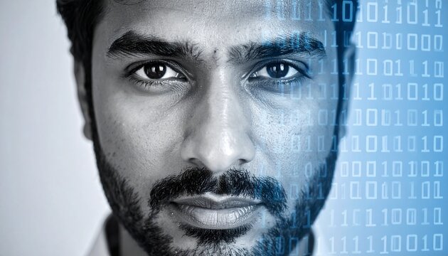 A man's portrait with binary code overlay, symbolizing technology and data - Powered by Adobe