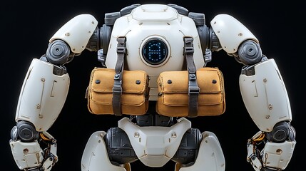 Futuristic Robot Back with Backpacks with SciFi Design, Industrial Technology, and Dark Background.