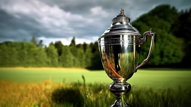 A shiny silver trophy cup sits on a grassy lawn near a tree line, symbolizing victory and achievement.