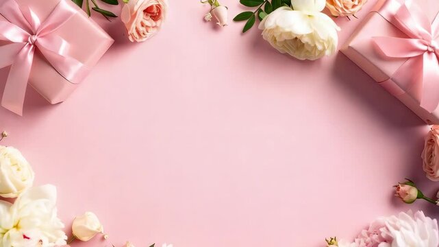 Floral flatlay arrangement with light pink wrapped gifts, ribbon, and flower blossoms on a pastel background