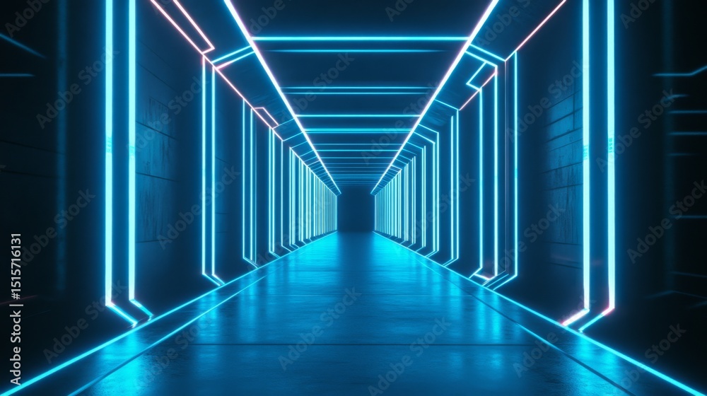 Leinwandbilder A subway tunnel with glowing lights along the walls, creating a symmetrical path with parallel tracks and smooth concrete surfaces, leading to an unknown destination