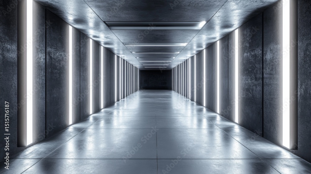 Leinwandbilder A subway tunnel with glowing lights along the walls, creating a symmetrical path with parallel tracks and smooth concrete surfaces, leading to an unknown destination