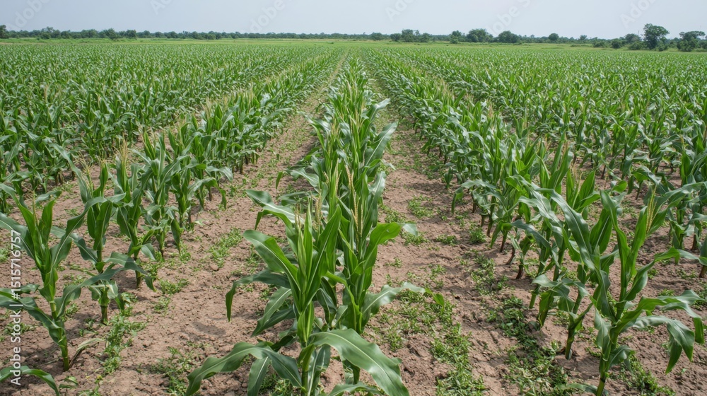 Aufkleber A top-down view of a lush cornfield with neatly aligned rows of corn plants, creating a geometric pattern on the field, under the soft light of midday