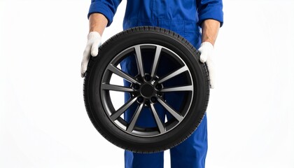 Obraz premium A mechanic wearing gloves holding a tire. The tire is black and has a silver rim