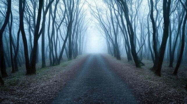 Misty forest path lined with bare trees.