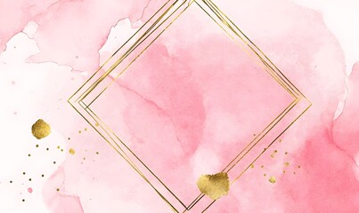 Abstract Blush Pink Watercolor Background with Gold Frame and Glitter