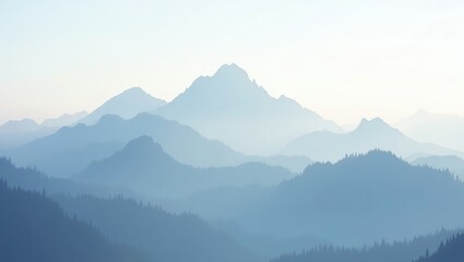 Misty Mountain Range Landscape with Forests in Blue Gradient Hues