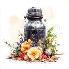 No War, Just Peace: Watercolor Illustration of Disarmed Bomb with Flowers Symbolizing Hope and Peace on Pastel Background