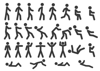 Collection of man icons, people silhouettes, various human postures. Stick man Vector illustration image. Isolated on white background.