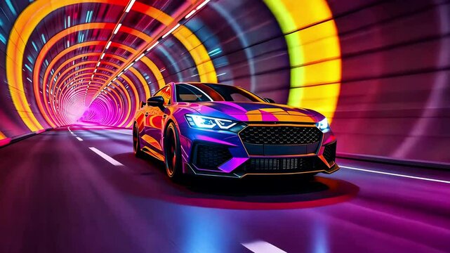 Fast moving car in tunnel with neon light, high speed driving of bright sports car at night, concept of racing and adrenaline