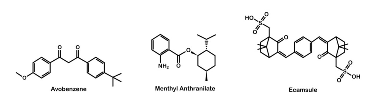 Chemical structure of UVA blocker. Avobenzone, menthyl anthranilate, and ecamsule.