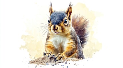 Pastel Watercolor Squirrel Sign on White Background Hand Drawn Illustration