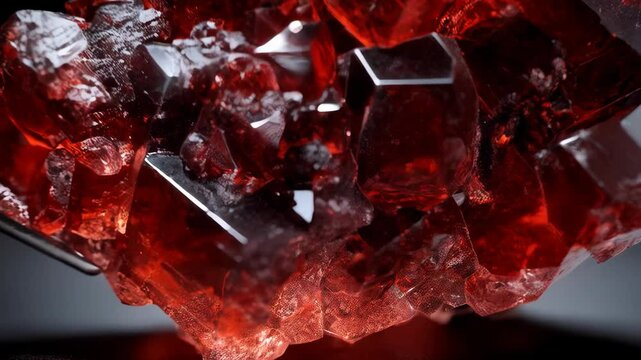 Detailed macro shot of a cluster of vibrant red garnet crystals exhibiting sharp facets, reflective surfaces, held with tweezers.