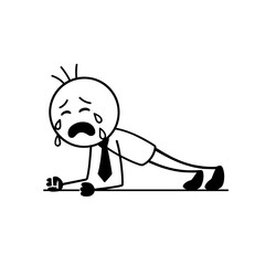 Stick figure crying during plank workout in black and white