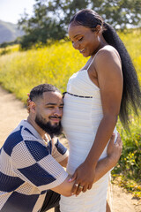 Obraz premium An African American couple joyfully celebrates their pregnancy outdoors, surrounded by nature, sharing love and happiness as they await their babys arrival and the journey into parenthood