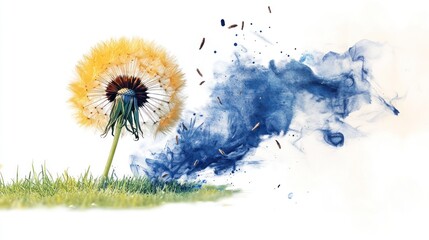 Targeting weeds in the garden: Dandelion flowers on green grass, symbol of herbicide use for lawn care, watercolor illustration