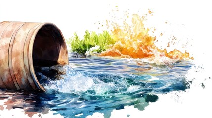 Toxic Algae Bloom in Pastel Watercolor - Hazardous Natural Toxin Contamination in Water due to Excess Nitrogen and Sewage - Hand Drawn Illustration